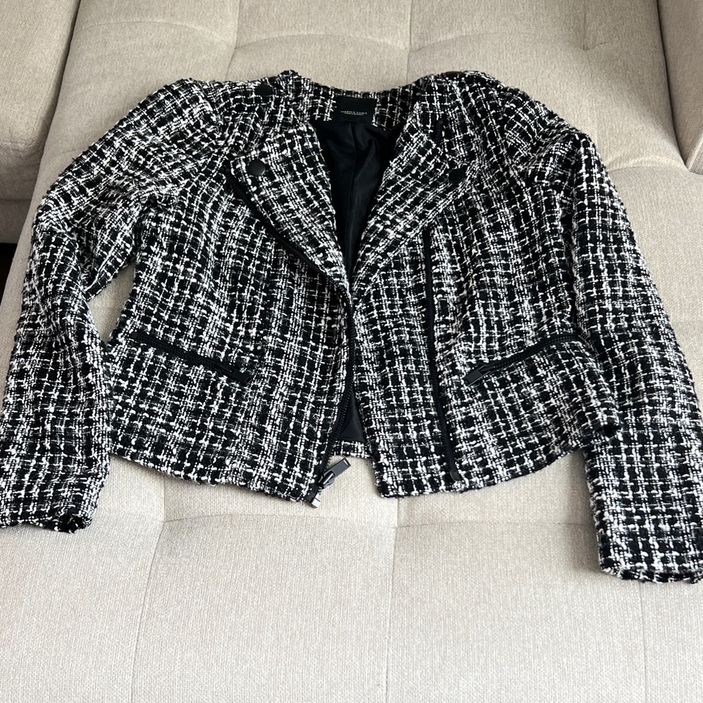 Simply Vera Vera Wang Black and White Moto Style Tweed Blazer.